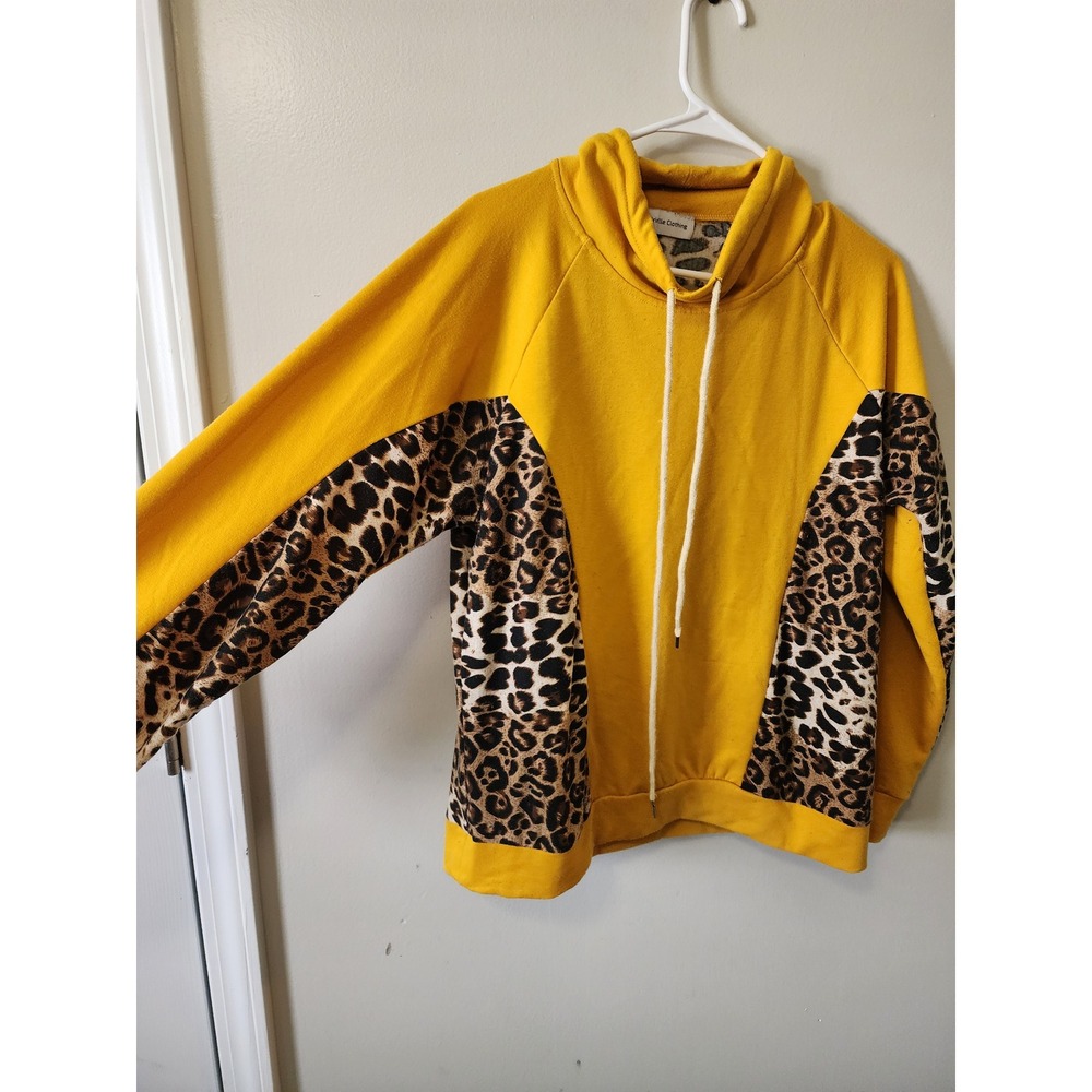 Shadrielle Clothing Mustard Yellow Leopard Print Funnel Neck Hoodie Size Large - Picture 3 of 6